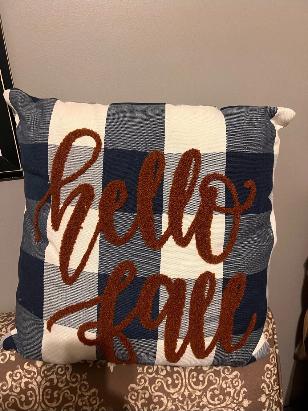Hello Fall Buffalo Check Decorative Pillow - Navy and Rust